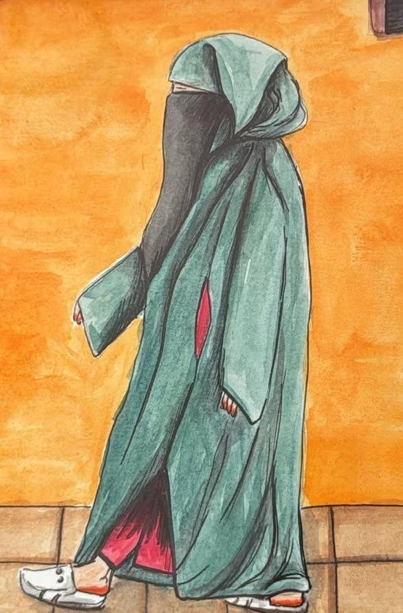 Aquarelle d'une femme en long manteau vert qui marche devant un mur orange